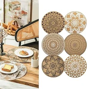 CcHhyyt Round Bohemian Jute Placemats Set of 6 for Dining Table Washable Heat Resistant PVC Table Decoration Retro Table Decoration (Mix) : Amazon.com.be: Home & Kitchen