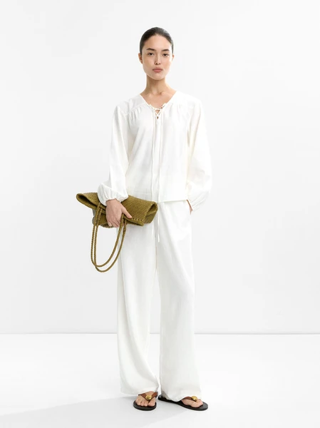 Pantalon ceinture élastique avec lin Marron | Parfois