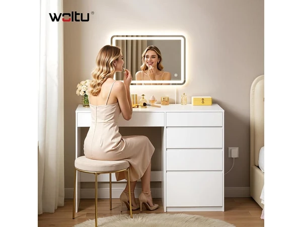 Coiffeuse 5 tiroir(s) Miroir avec 0 tabouret(s) inclu(s) WOLTU coloris blanc