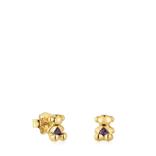 Boucles d’oreilles ourson en argent plaqué or 18 ct et améthyste petites Bold Bear