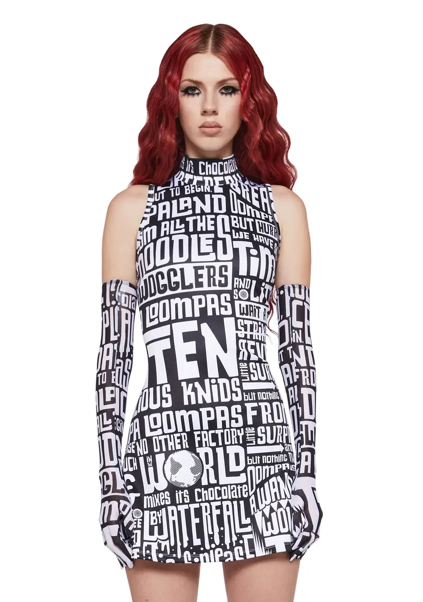 Dolls Kill x Willy Wonka Word Graphic Mod Mini Dress With Gloves - Black/White
