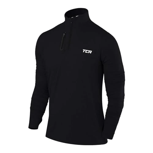 TCA Veste Running Homme Hiver - T Shirt Running Homme Manches Longues Quickdry Fusion Pro avec Fermeture Éclair à Mi-Poitrine pour Course Jogging - Noir/Noir, L