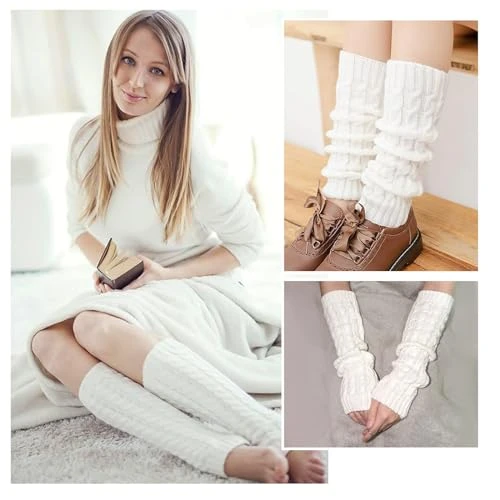 HXUING Jambière Femme, Jambières Guêtres Leg Warmers Guetre Femme Jambières Femme Chaussettes d'Hiver en Tricot Doux au Crochet en Motif Tressé, Cadeau d'hiver Parfait (Blanc)