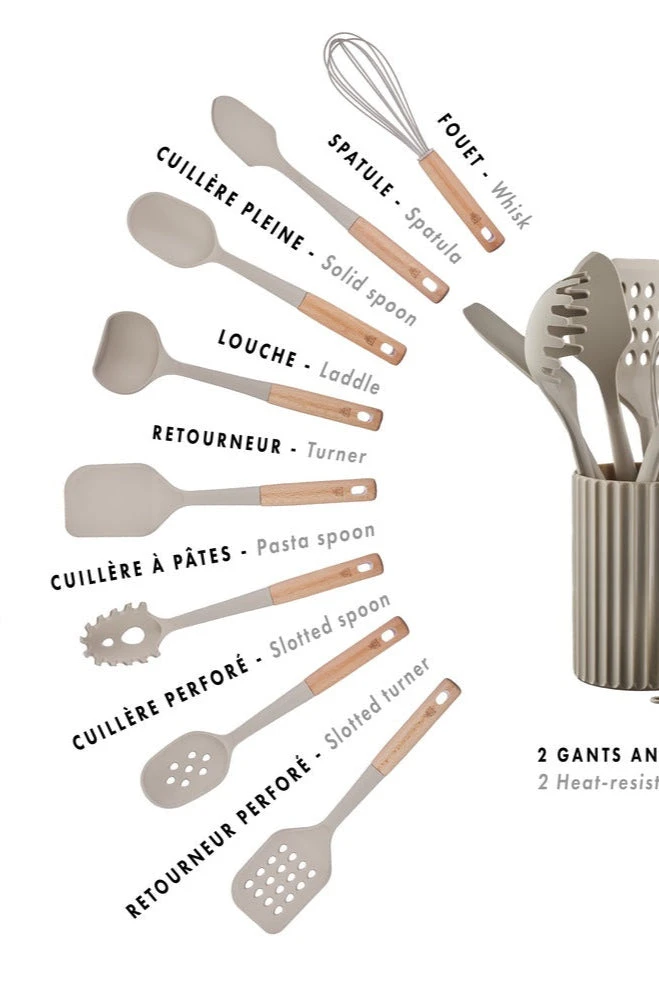 Set D'Ustensiles De Cuisine En Bois Et Silicone Gunnar - 11 Pièces