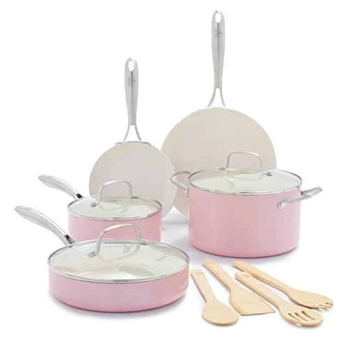 GreenLife Artizan Batterie de Cuisine en Antiadhésive Céramique Saine, 12 Pièces, Sans PFAS, Poignée en Acier Inoxydable, Compatibles avec l'induction, Lavable au lave-vaisselle, Va au Four, Rose