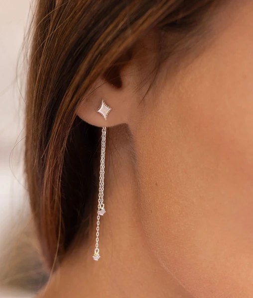 Boucles d'oreilles puces étoile et deux chaînes suspendues Argent 925