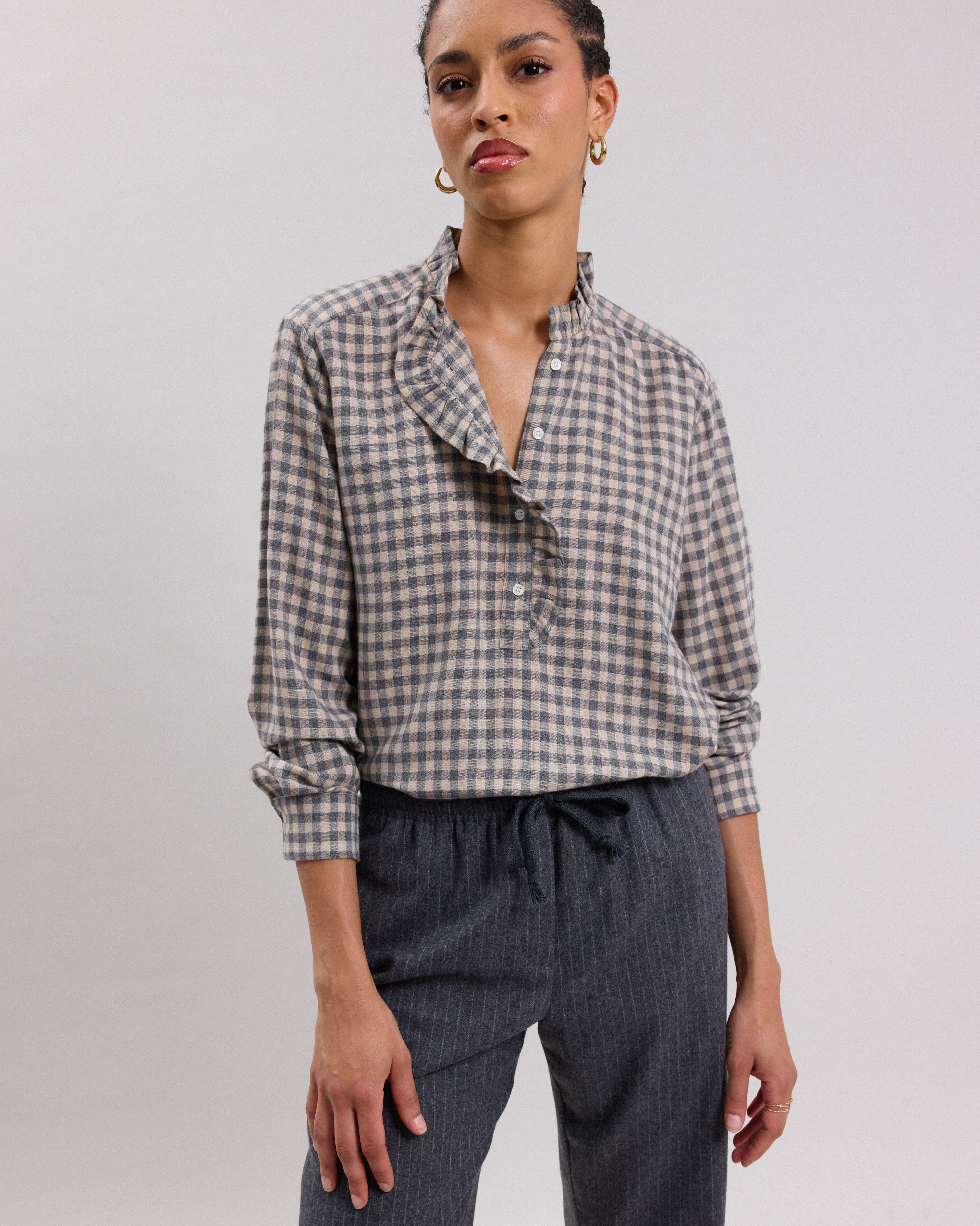Chemise Femme en laine mélangée imprimé à carreaux Beige Gris