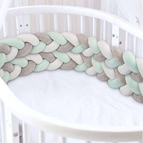Luchild Tour de Lit 2m Bébé Coussin Serpent Velours Berceau Pare-chocs Tressé Bébé lit Bumper Noué Tressé en Peluche Pépinière Pour les Nouveau-nés lit Sommeil Pare-chocs (Gris + blanc + vert)
