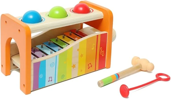 Hape Banc à Marteler avec Xylophone - Jouet Musical en Bois pour Enfant - Instrument d'Éveil et de Motricité pour Bébé dès 12 Mois - Jouet Éducatif - Jeu de Musique Fille et Garçon - Cadeau Naissance