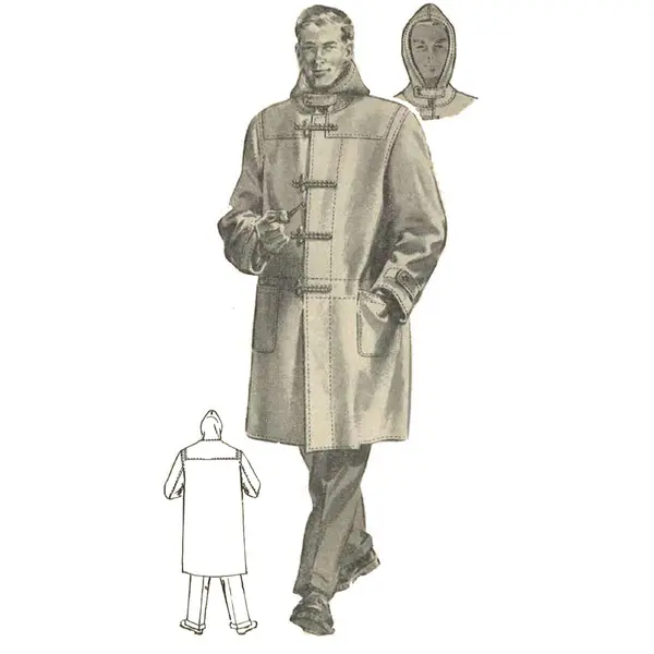 Patron de couture des années 1950 : Duffle-coat pour homme avec capuche - Poitrine 38" (97 cm)