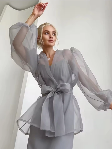 Chemise en mousseline de soie pour femme, élégante, à manches longues, grise unie, printemps été 2023 - AliExpress 200000345