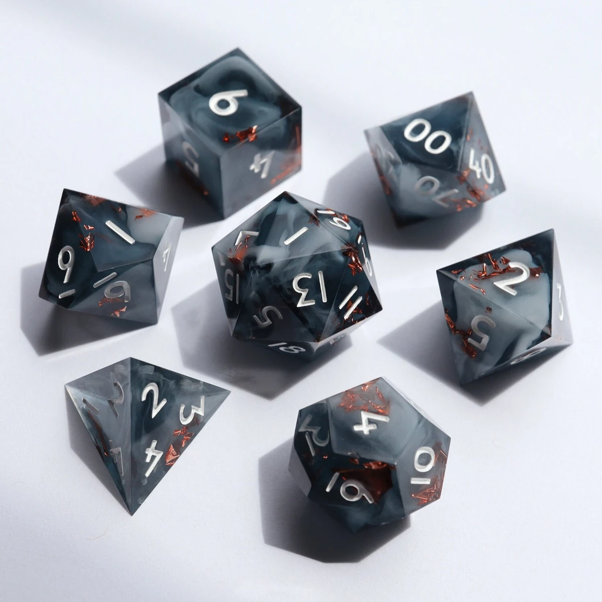 The Terror - smoke dice, handmade resin sharp edge dice set for DnD, D&D, Dungeons and Dragons, RPG dice, dark dice, black and white dice
