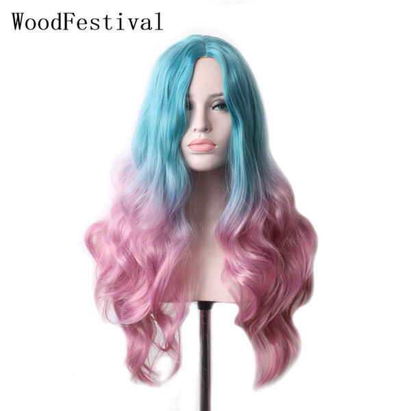 €11.66 47% de réduction|WoodFestival Multi couleur synthétique Ombre perruque longue ondulée rose bleu violet vert résistant à la chaleur Cosplay perruques pour les femmes | AliExpress