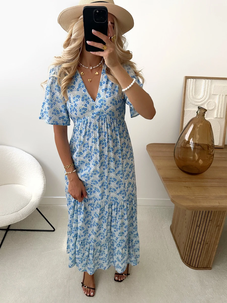 Robe longue à imprimé floral ISMENE - bleu ciel