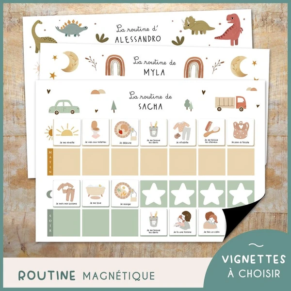 Montessori magnetic routine for children - Morning and evening - personalized routine with first name, stickers of your choice - for fridge,