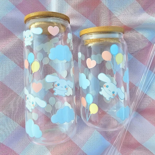 Cute Cinna Bunny Glass Cup with Bamboo Lid and Glass Straw