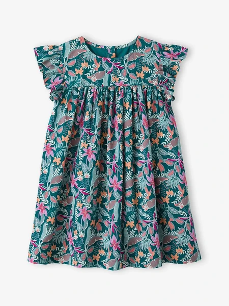 Robe fille imprimée fille manches à volants vert émeraude - Vertbaudet