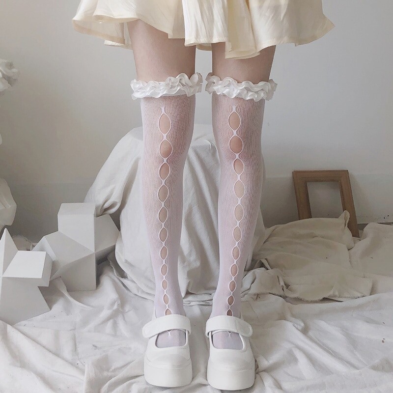 Lolita – bas en dentelle ajourée pour femme, bas transparents, fins et longs aux genoux