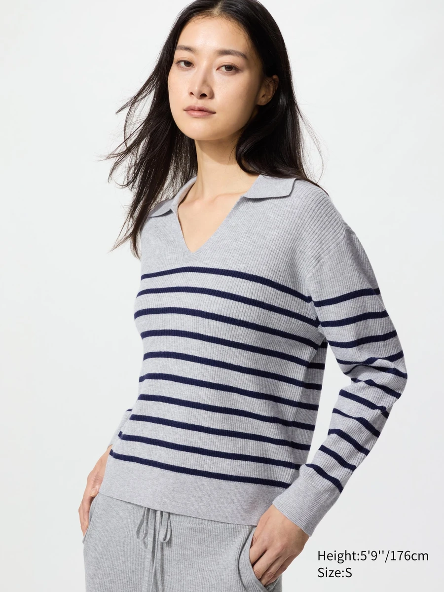 Pull col polo en maille côtelée (Lavable en machine, Rayé) pour Femme | UNIQLO FR