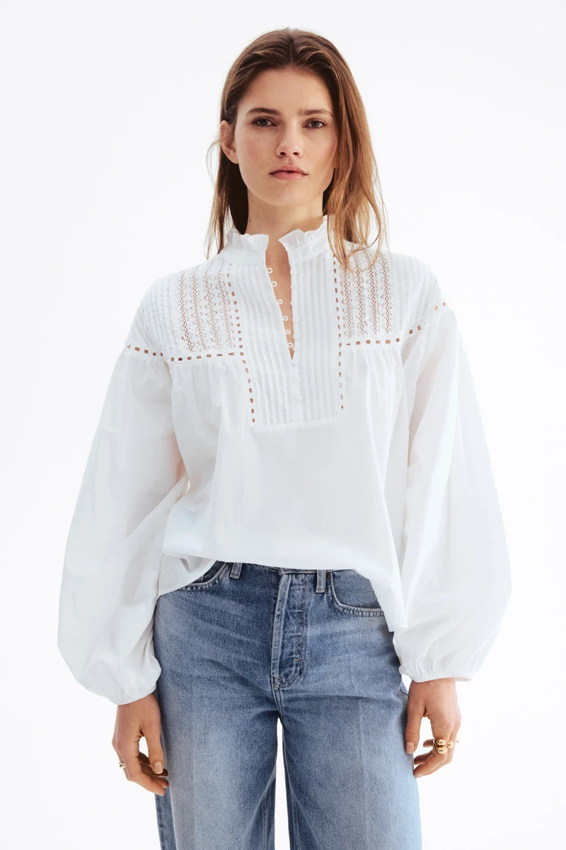 Blouse à col volanté en coton - Blanc - FEMME | H&M FR