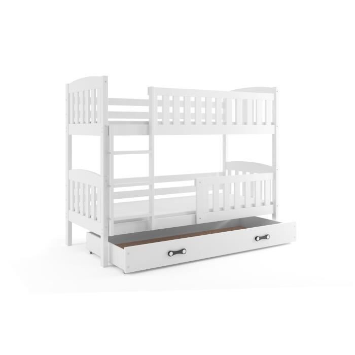 Lit superposé QUBA 190x90 avec matelas sommiers et tiroir en BLANC+BLANC
