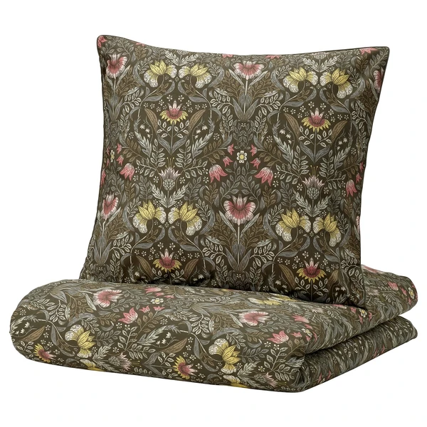 KÄRRDUNÖRT Housse de couette et 2 taies - vert foncé/multicolore 240x220/65x65 cm