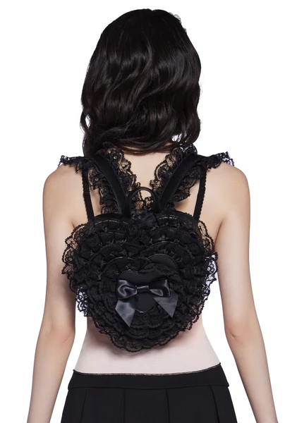 Widow Lace Ruffled Heart Shape Vegan Leather Mini Back - Black