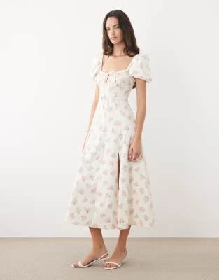 New Look - Robe mi-longue tendance folk à imprimé fleuri - Blanc
