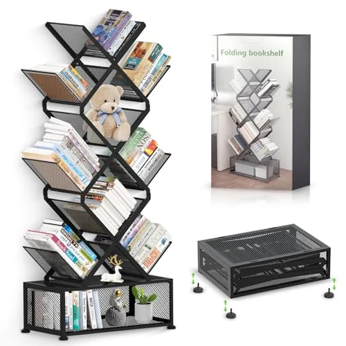 Gintan Bibliothèque de Rangement Étagère à Livres en Forme d'arbre à 9 Niveaux, Etagère CD DVD, Etagère de Bureau, Support de Table sur Pied, adapté au Salon, Chambre à Coucher (Noir)