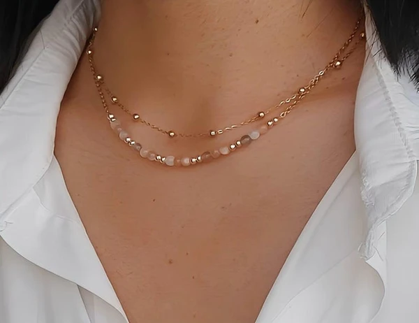 Double strand moonstone necklace, pearl necklace, gold satellite chain, choker necklace, women's jewelry, birthday gift.