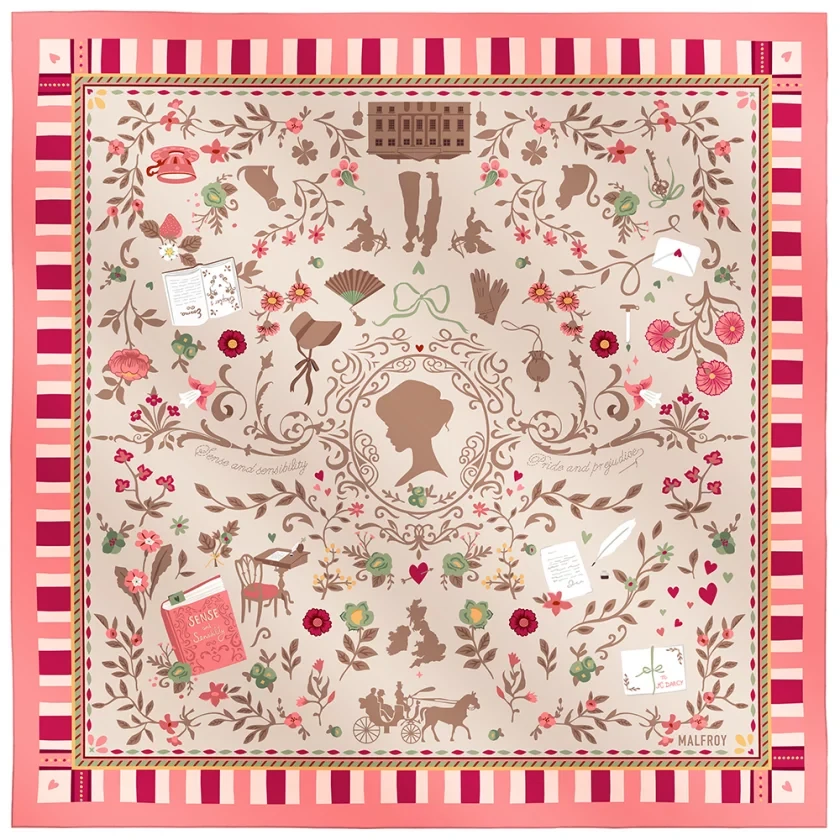 Carré de soie 67, pongé de soie imprimé Jane - Rose