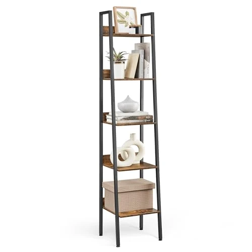 VASAGLE Étagère Échelle, Bibliothèque à 5 Niveaux, Meuble de Rangement sur Pied, Bureau, Salon, Chambre, Cuisine, Style Industriel, Marron Rustique et Noir LLS109B01
