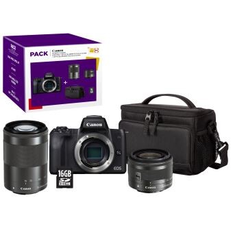 Pack Fnac Hybride Canon EOS M50 Noir + Objectif EF-M 15-45 mm f/3.5-6.3 IS STM + Objectif EF-M 55-200 mm f/4.5-6.3 IS STM Noir + Etui + Carte SD 16 Go
