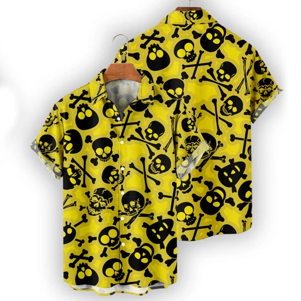 Skull Hawaiian Shirt – Yellow & Black Crossbones Print Button-Up