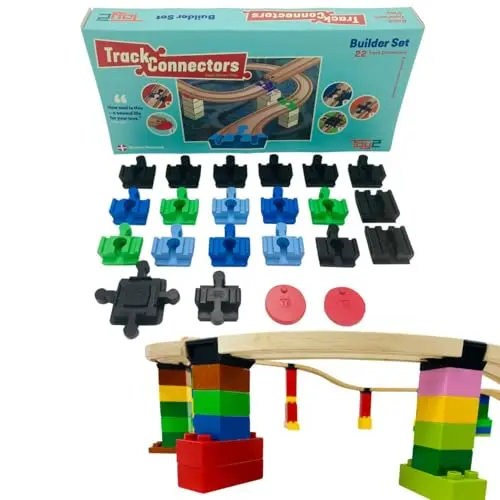 TOY2 Kit de construction | 22 connecteurs de voie de train jouets compatibles avec Brio &amp; Lego Duplo | Kit avec 5 connecteurs de rail différents | Ensemble de connecteurs de rail en bois durable