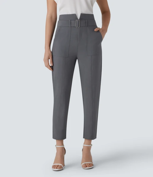 Pantalon décontracté taille semi-haute avec bouton, fermeture éclair, ceinture et poches multiples
