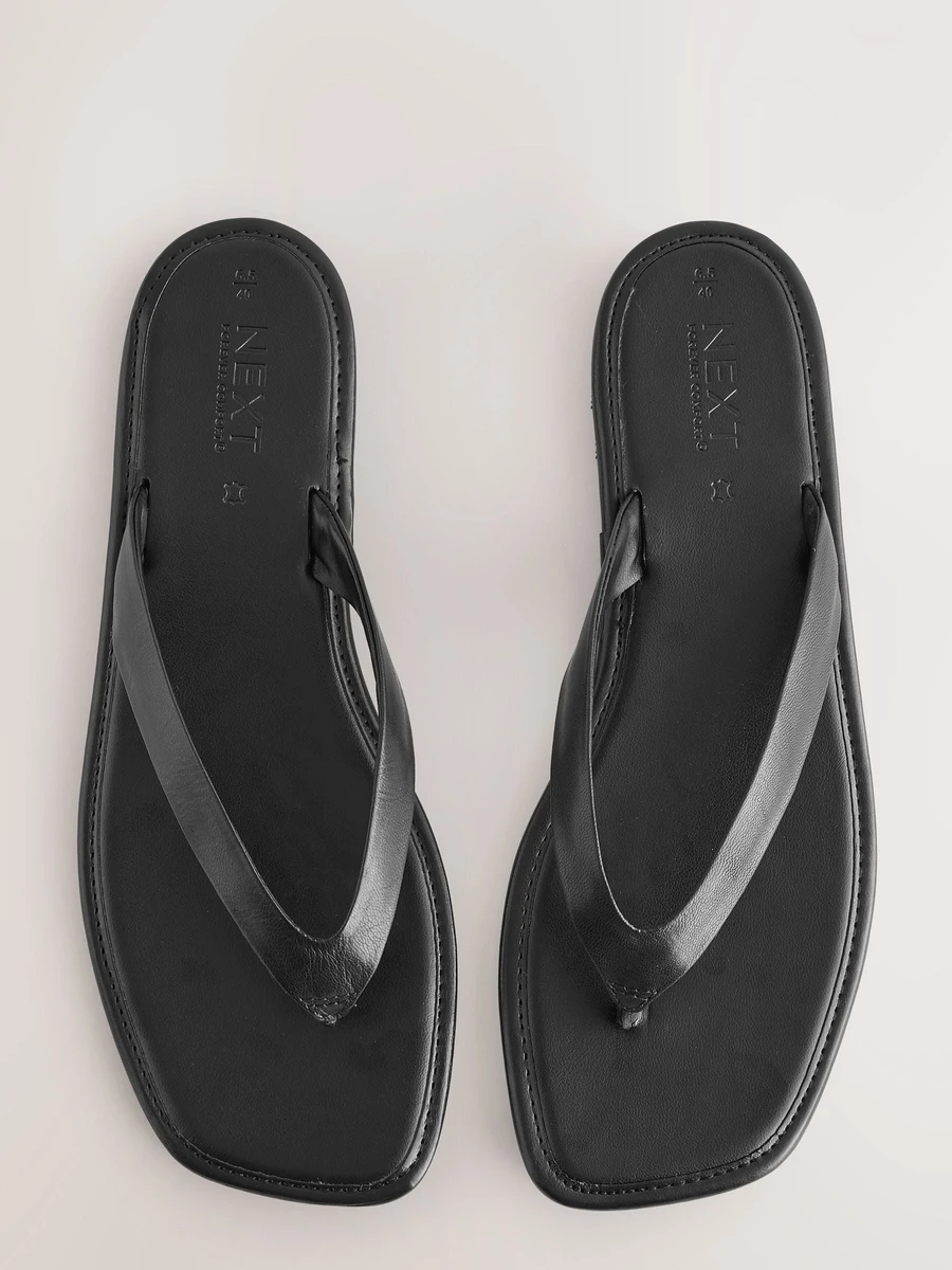 Black Leather Standard/Wide Fit Forever Comfort® Square Toe Thong Sandals