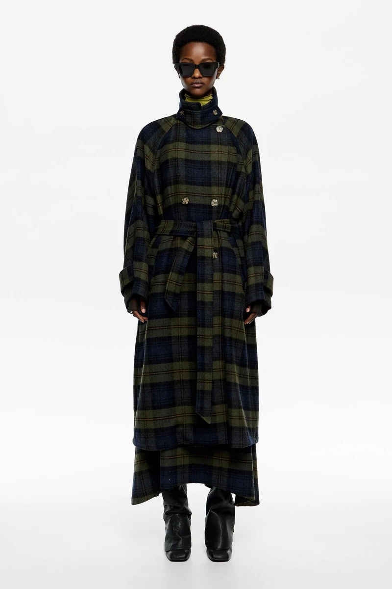 Manteau croisé double face carreaux kaki