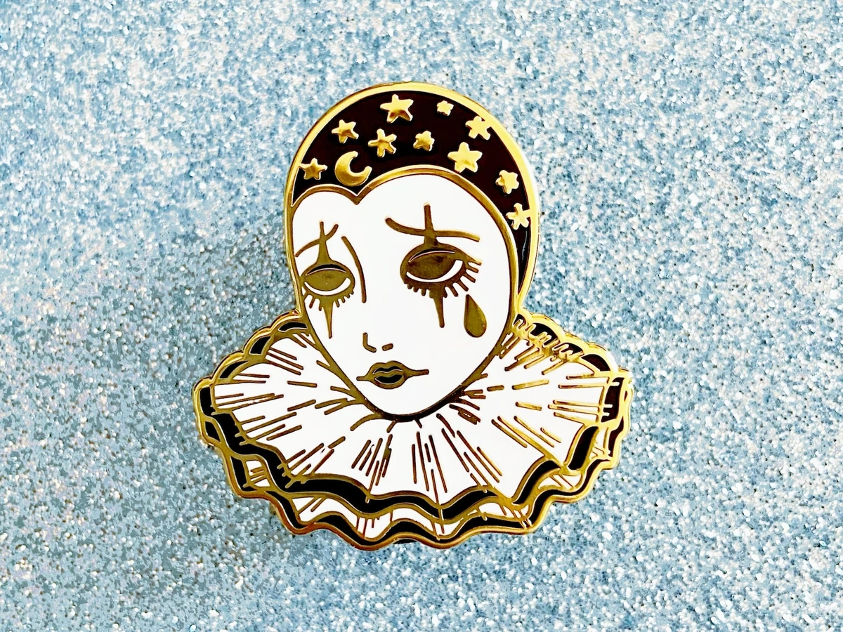 Sad Pierrot Clown Girl Enamel Pin - Golden Metal