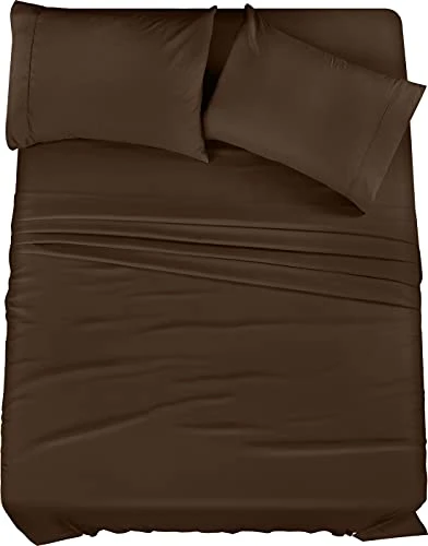 Utopia Bedding Parure de lit 4 pièces en Microfibre brossée pour Grand lit, résistante au rétrécissement et à la décoloration, Facile d'entretien (Grand lit, Marron)