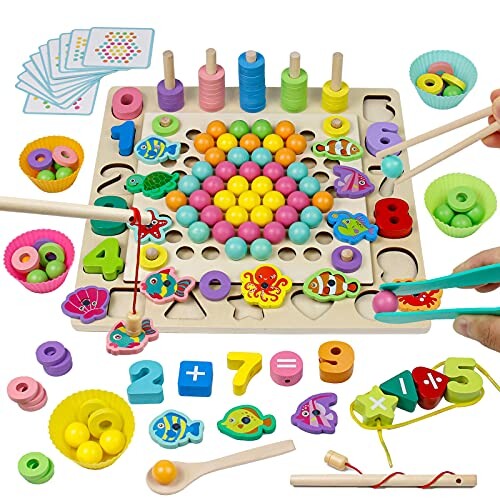 Jouet Montessori en Bois 4 en 1 Jeu de Société Jeu de Clip Perles Pêche Magnétique Jeux Éducatif Puzzle Bois Interactif Cadeau pour Enfants 3 4 5 6 Ans Fille Garçon