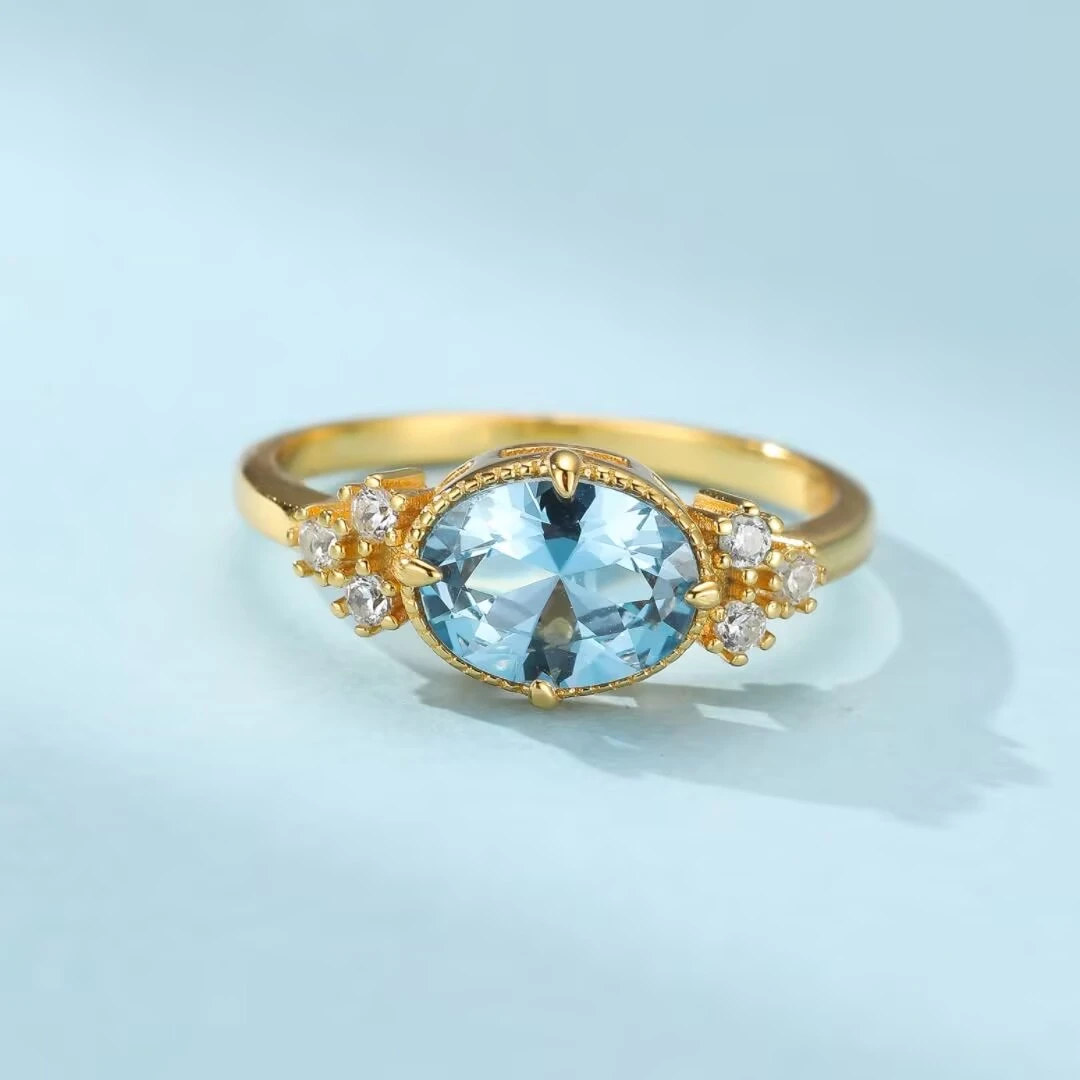 Bague Aigue Marine – Fleur de Mer, Argent Plaqué Or