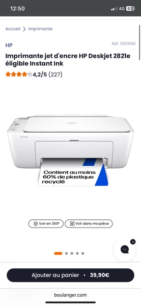 Imprimante jet d'encre HP Deskjet 2821e éligible Instant Ink