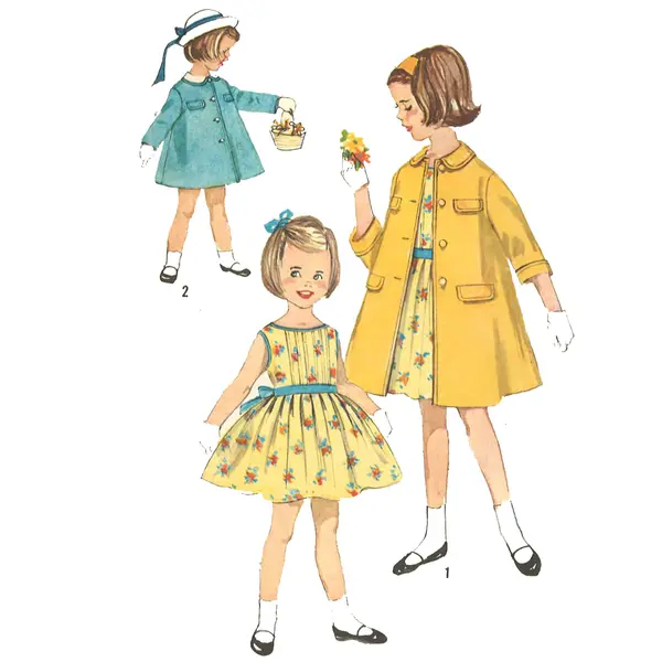 Patron de couture des années 1950 : Jolie robe et manteau pour fille/enfant en bas âge - Poitrine 21" (53,3 cm)