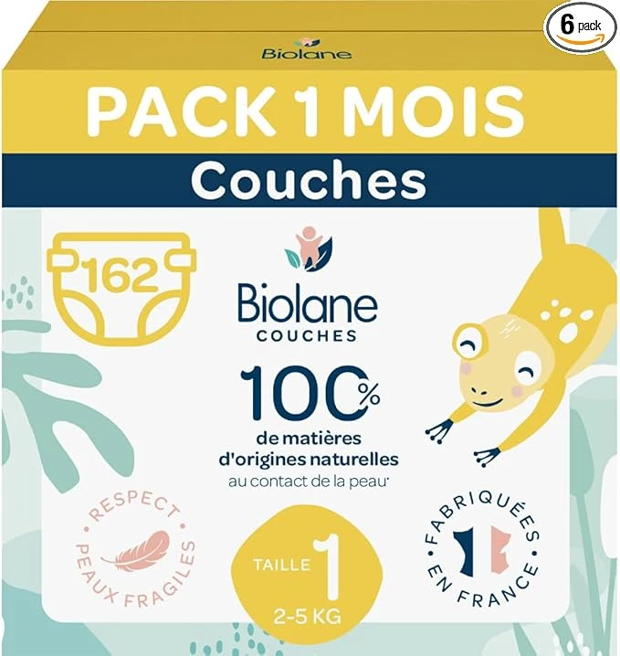 BIOLANE - Couches bébé taille 1 - (2-5 kg) - Peaux Sensibles - Ultra-Absorbant, Pas de Fuite, jusqu'à 12h au Sec - Confort & Protection - Pack 1 mois 162 couches - Fabriqué en France