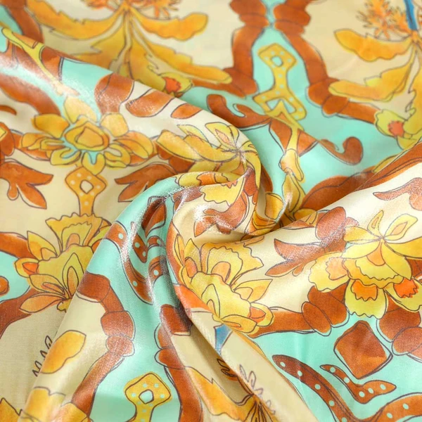 Tissu viscose lamé Raquel à motif floral menthe et jaune | Tissu pour couture d'habits fluide de poids léger