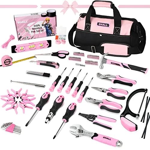 SHALL Ensemble d'outils à main de 246 pièces pour femme, rose, acier forgé, kit d'outils de base pour la maison