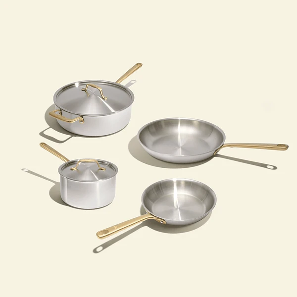Batterie de cuisine en inox avec manches dorés, 7 pièces