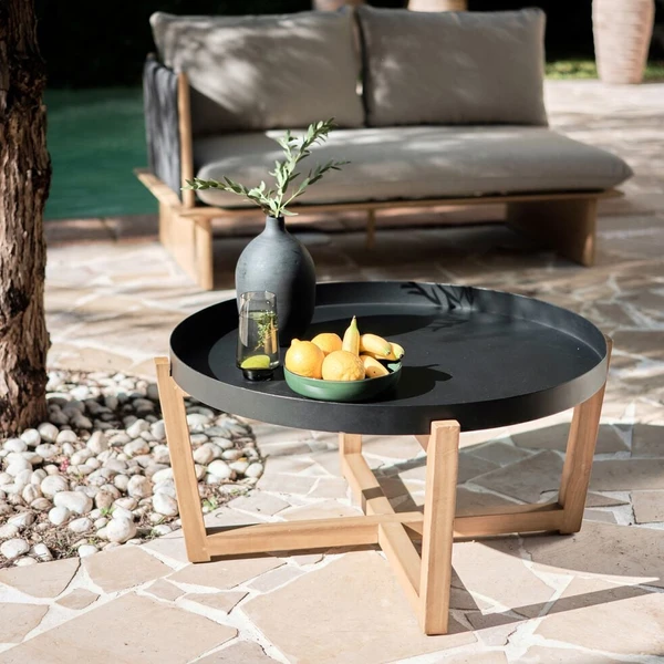 BLAYEUL - Table basse de jardin en acier et acacia D84cm - noir