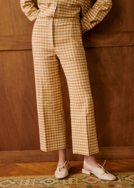 Pantalon Martin Crop - Carreaux Vichy Ocre Ecru - Coton Biologique - Sézane